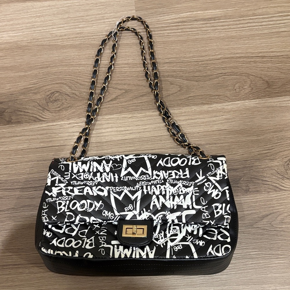 Graphic Black and White Shoulder Bag with Chain Strap